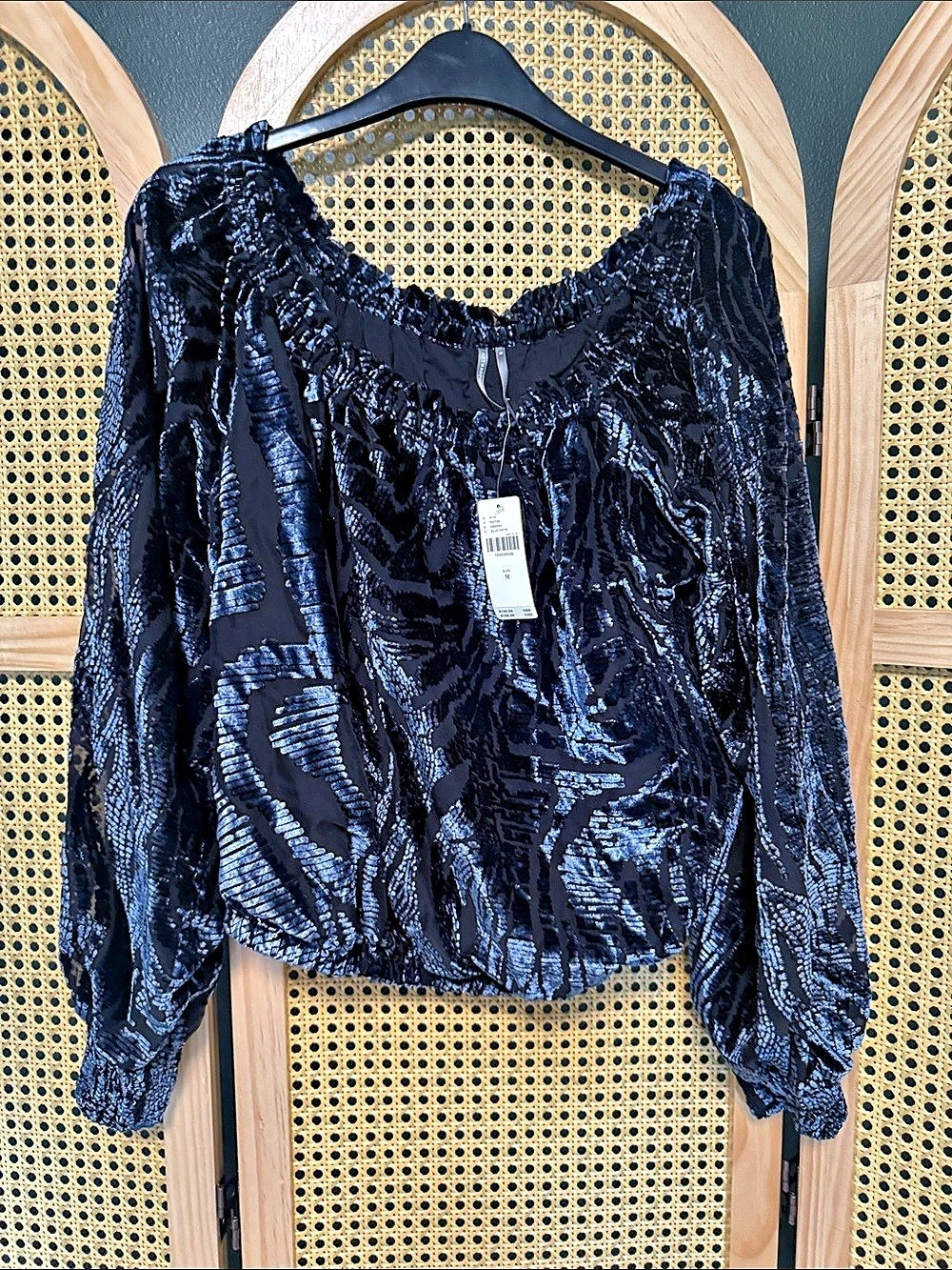 Anthropologie By Anthropologie Off-Shoulder Burnout Velvet Blouse Blue and Black